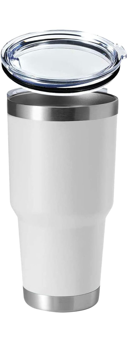 White tumbler with a silver rim and clear lid on a white background