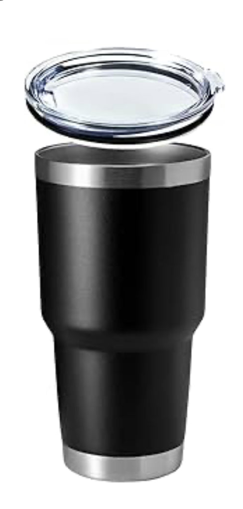 Black insulated tumbler with clear lid on a white background