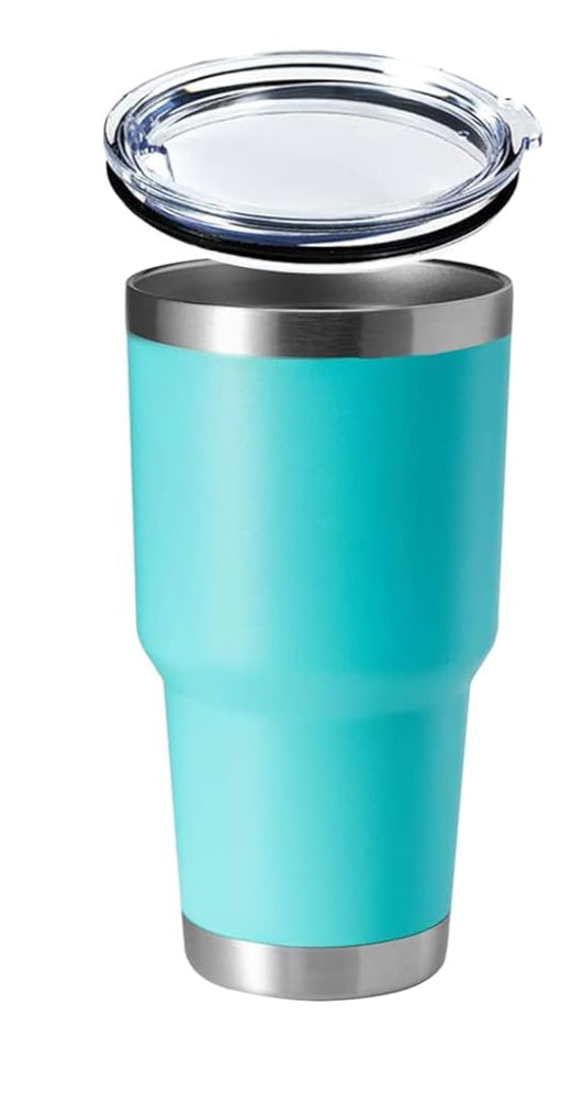 Turquoise insulated tumbler with a clear lid on a white background