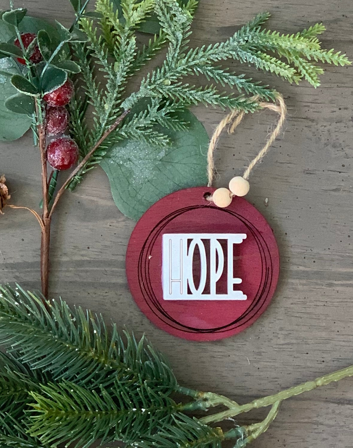 Peace Hope and Joy Wooden Christmas Ornament