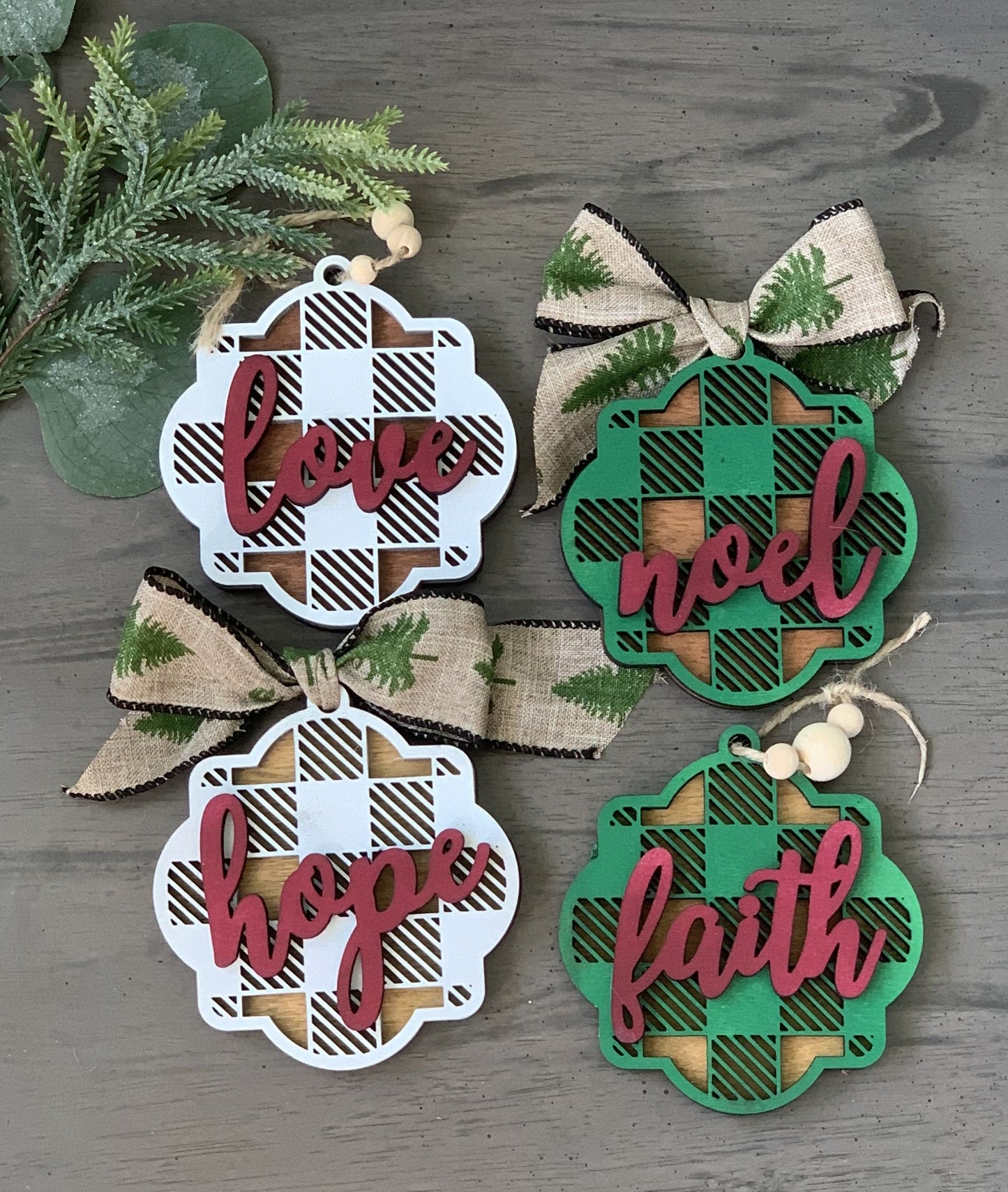 Wooden multi layered ornate whitewashed adorn ornament with cursive wording. Customize the color and wording on each ornament to add to your Christmas decor. Single ornament only