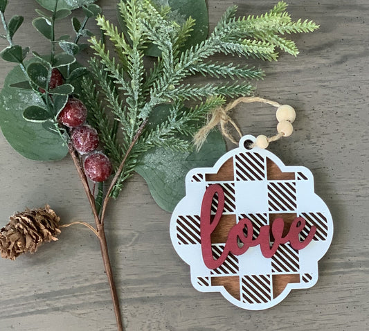 Wooden multi layered ornate whitewashed adorn ornament with cursive wording. Customize the color and wording on each ornament to add to your Christmas decor. Single ornament only