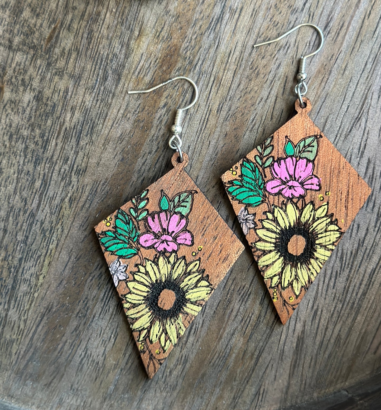 Wooden Sunflower Hand Painted Earrings/Sunflower Earrings/Sunflower Jewelry