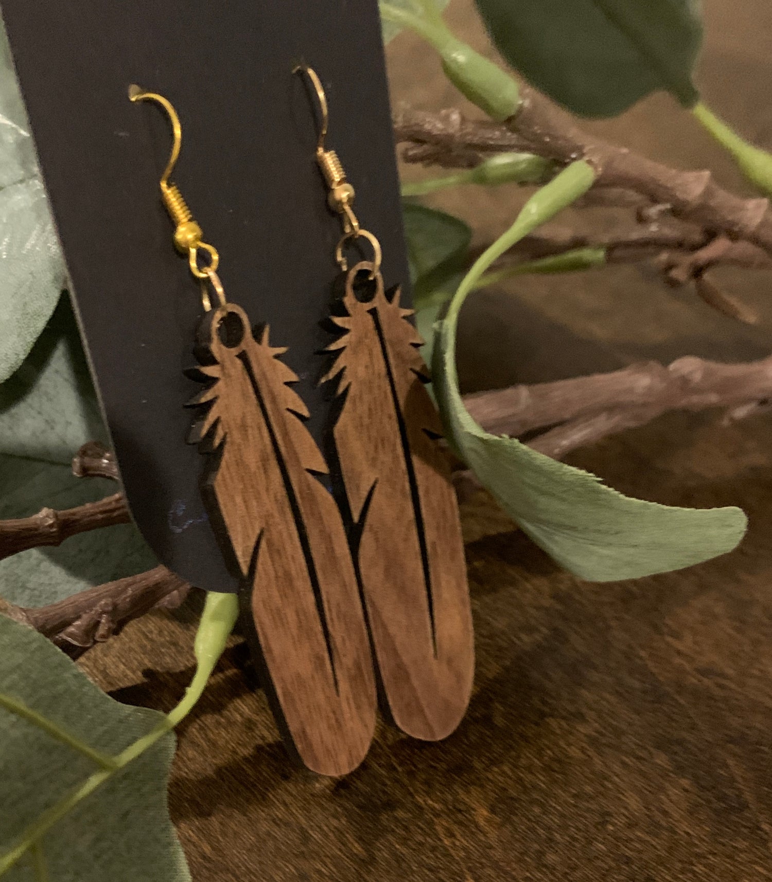 Wooden 2025 feather earrings