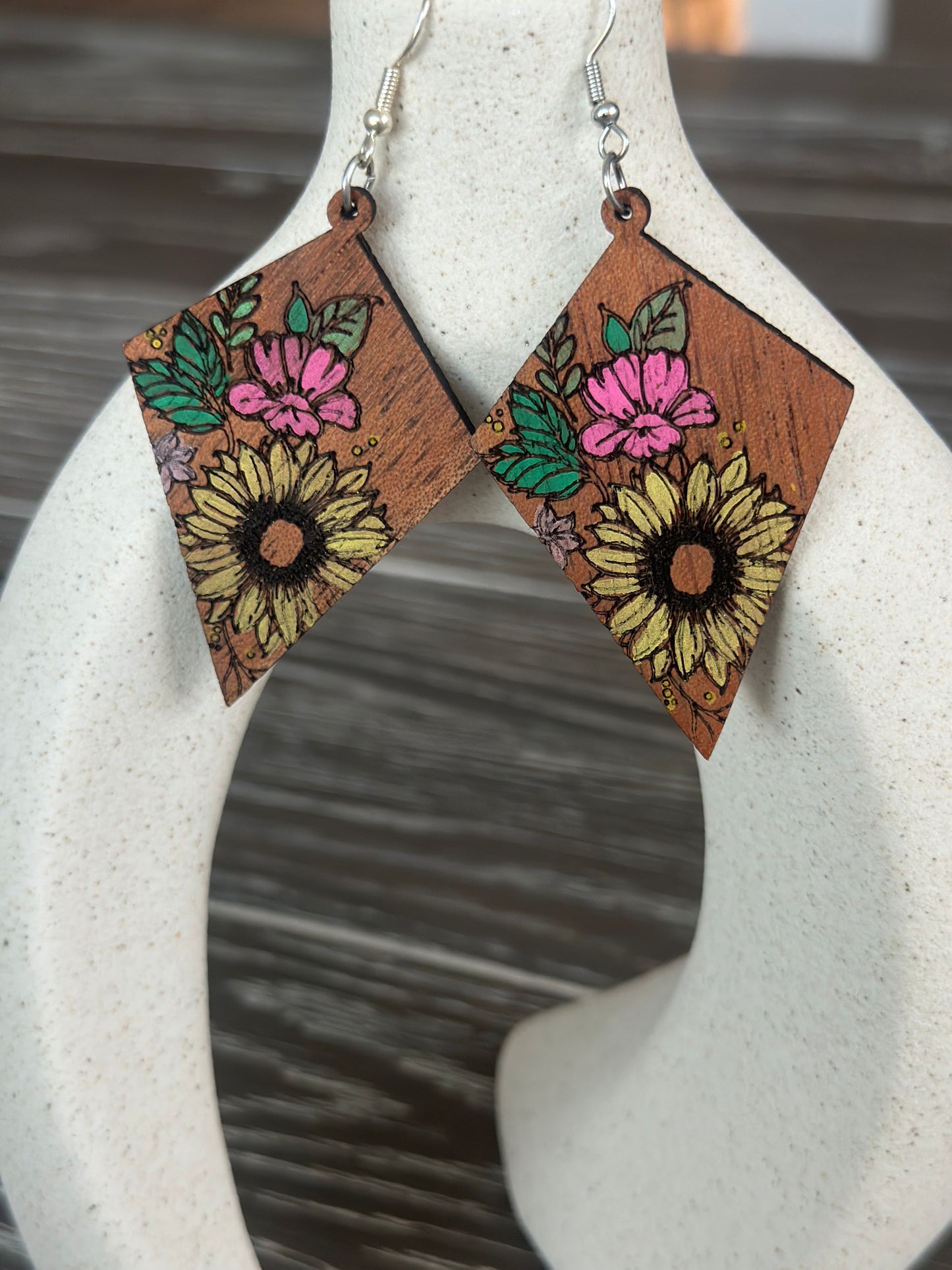 Wooden Sunflower Hand Painted Earrings/Sunflower Earrings/Sunflower Jewelry